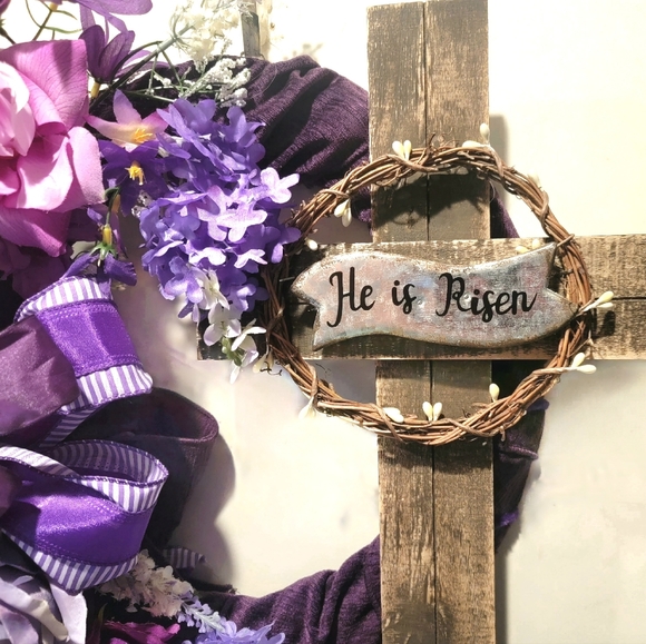 Easter Cross Wreath He is Risen Floral Bow - Picture 3 of 5